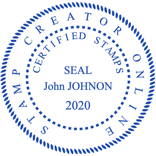 Blue certified company seal framed by a rope-style border, with a name and year in the center