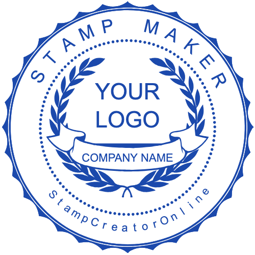 Ornate blue company seal with laurel leaves around a central placeholder for a business logo