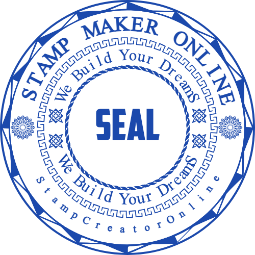Decorative blue business seal with a dream-building motto, scrollwork and a prominent central seal label
