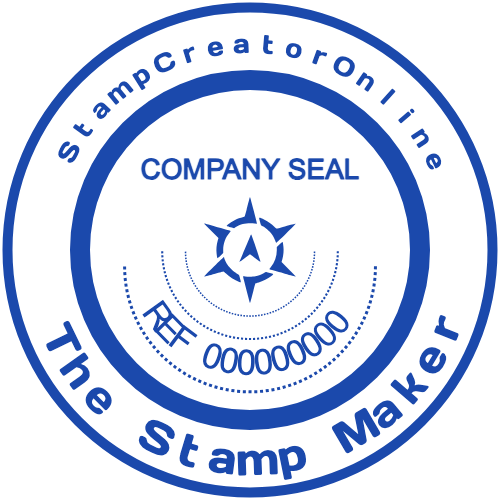 Blue circular company seal combining a compass-style emblem, decorative symbols and a reference-number field