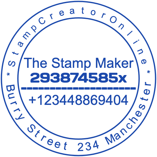 Round blue company seal with a Manchester address along the lower arc and contact details in the center