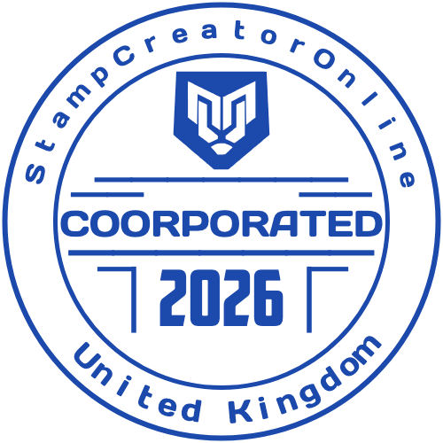 Blue United Kingdom company seal with a shield emblem, framed center text and a large 2026 year